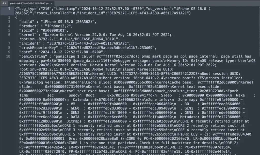 Arquivo de log bruto do kernel iOS mostrando a string de panic, backtrace e valores dos registradores