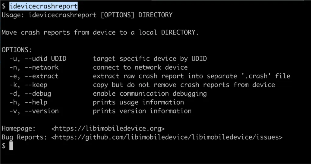 Ferramenta idevicecrashreport extraíndo log de kernel panic de um dispositivo iOS via USB