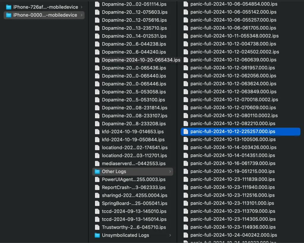 Finder mostrando arquivos de log extraídos incluindo arquivos kernel panic .ips