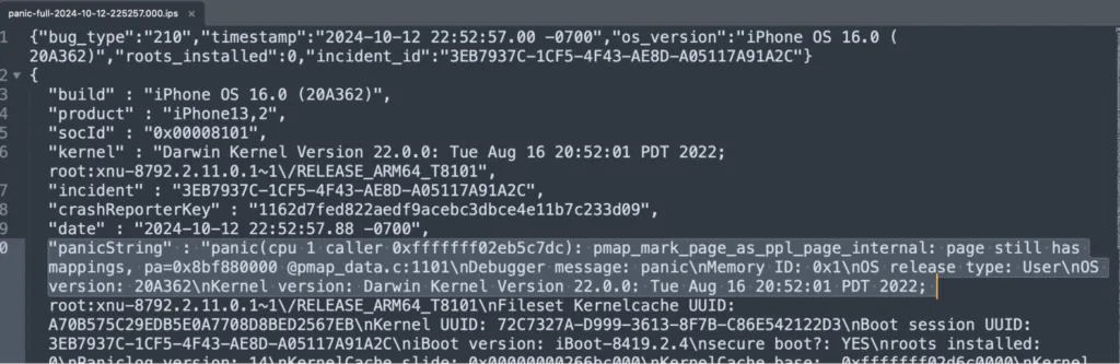 Arquivo de pane do kernel mostrando a linha da string de pane que identifica o motivo da falha