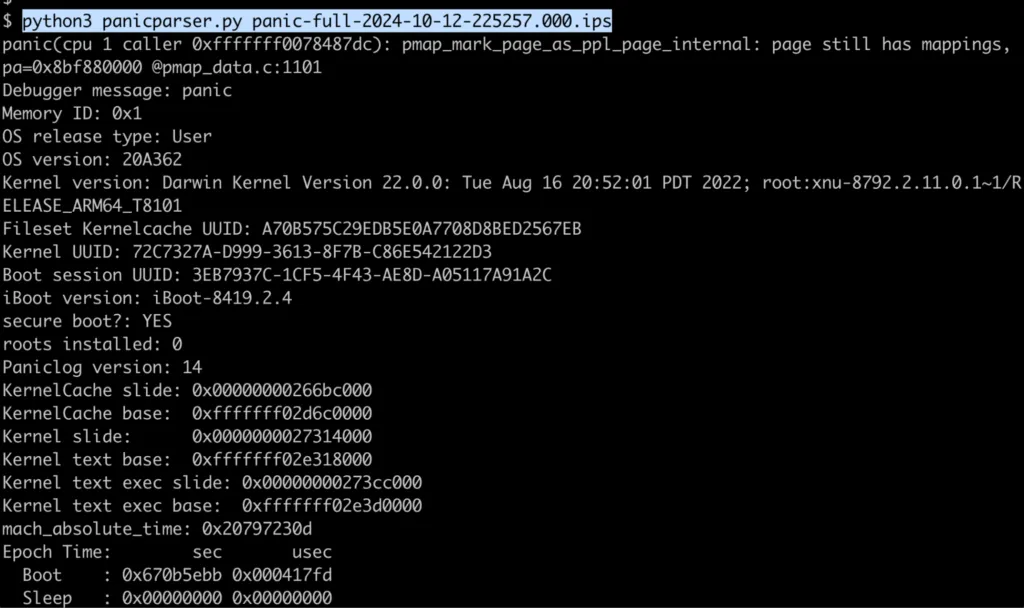 Saída do script panicparser.py convertendo o log de pane do kernel em um formato mais legível