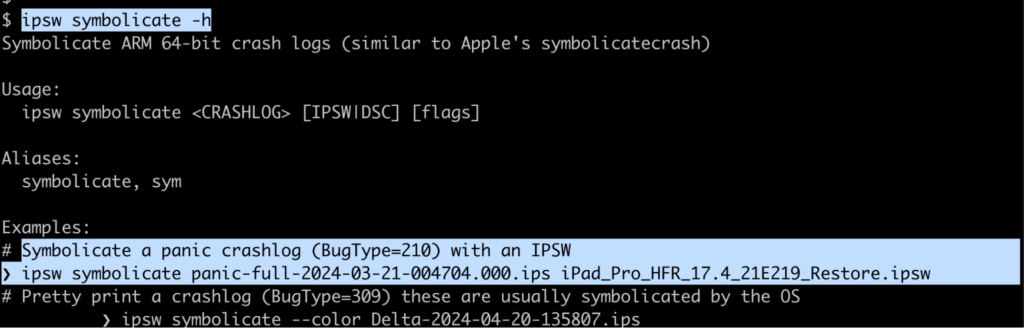 comando ipsw sendo executado com o arquivo ipsw baixado e o log de Kernel panic para simbolização