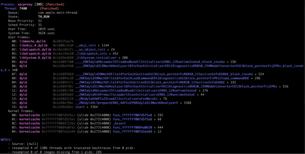 trilha completa simbolizada de Kernel panic mostrando nomes de funções em vez de endereços brutos