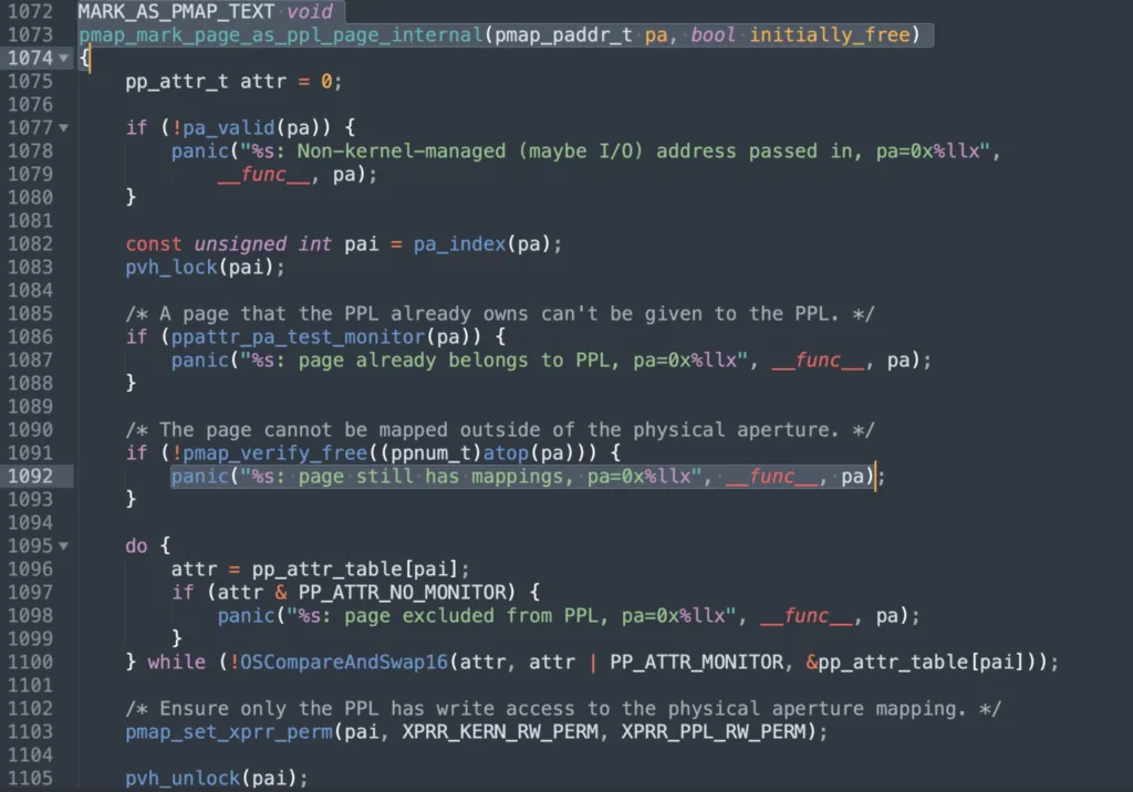 código-fonte XNU mostrando a função pmap_mark_page_as_ppl_page_internal com a string de panic correspondente na linha 1092