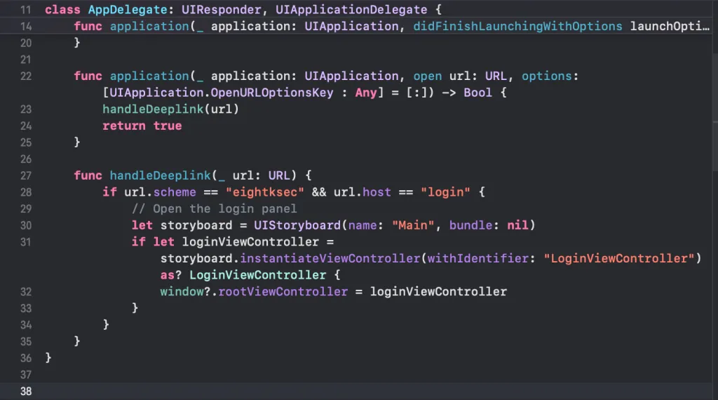 Aplicativo malicioso registrado com o mesmo esquema de URL eightksec://login usado pelo aplicativo legítimo