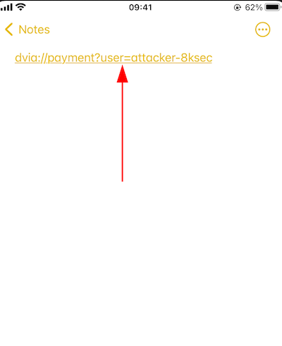 Payload de deep link CSRF dvia://payment?user=atacante-8ksec fornecido à vítima