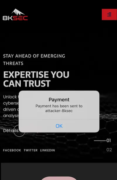 Alerta de pagamento acionado para a conta do atacante via exploração de deep link CSRF