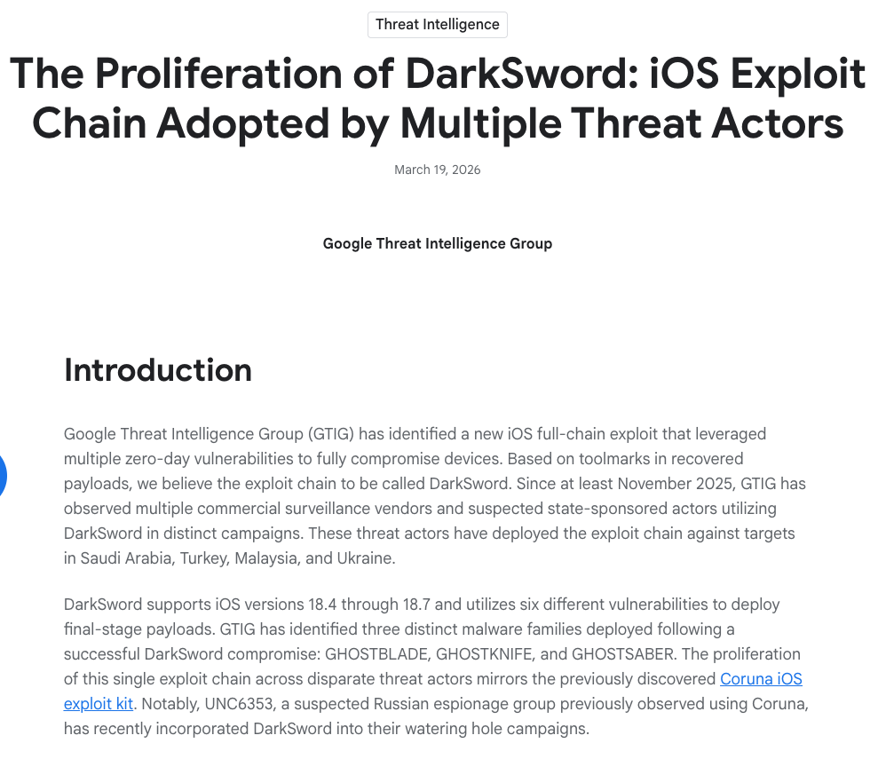 Captura de tela do topo da divulgação pública do Grupo de Inteligência de Ameaças da Google Cloud sobre DarkSword — mostrando o título do artigo, os autores e a data de publicação
