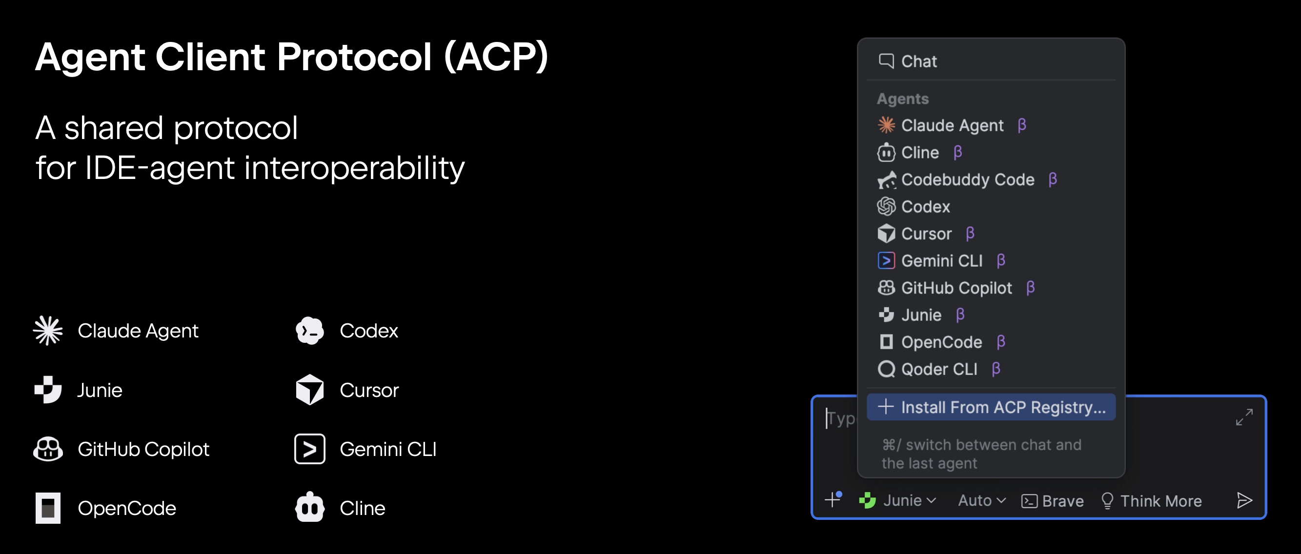 Agent Client Protocol (ACP), which specifies how IDEs and coding agents communicate