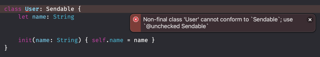 Classes imutáveis e não finais não podem conformar com Sendable