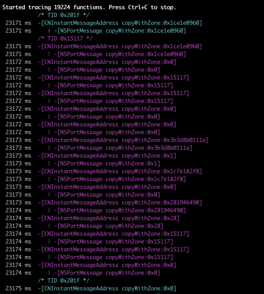frida-trace output showing 19224 traced Message methods with copyWithZone calls