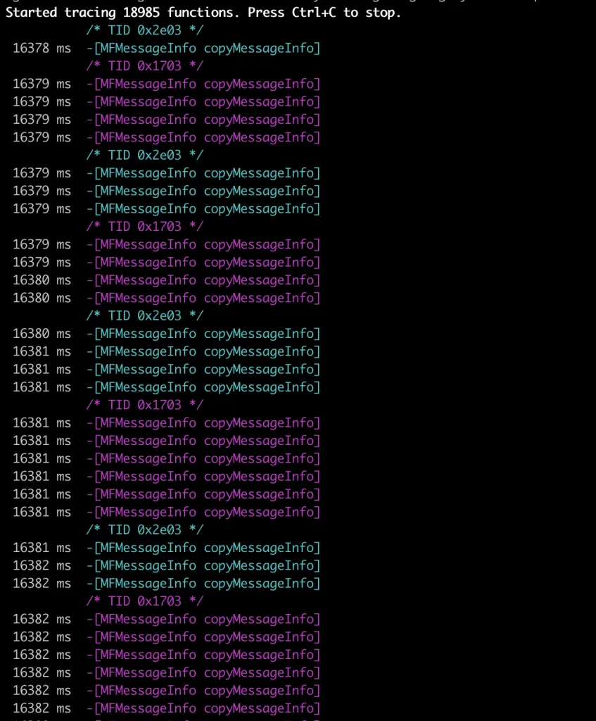 frida-trace output with copyWithZone excluded, showing filtered Message method calls