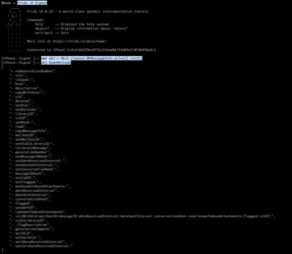 Frida showing $ownMethods of MFMessageInfo class listing all instance methods