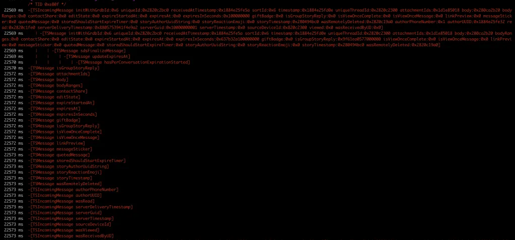 frida-trace output showing TSMessage body method calls after excluding MFMessageInfo copyMessageInfo