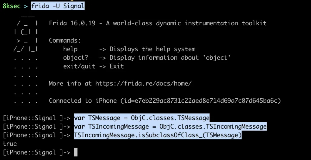 Frida confirmando que TSIncomingMessage é uma subclasse de TSMessage via cadeia de superclasses