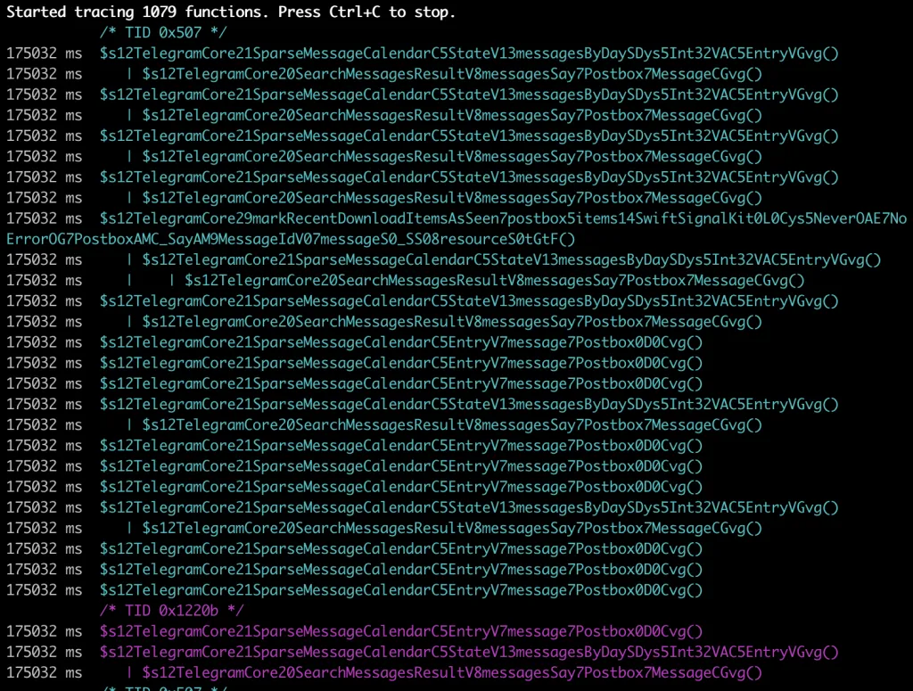 frida-trace output mostrando nomes de funções Swift-mangled do Telegram