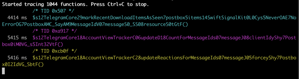 frida-trace output com funções Postbox e messagesByDay excluídas, mostrando um conjunto reduzido de rastreamentos de mensagens do Telegram