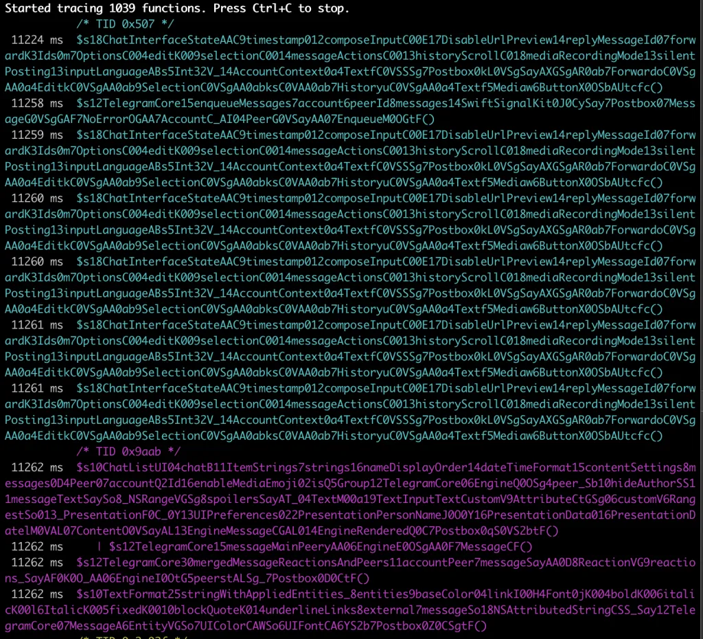 frida-trace output mostrando funções Swift-mangled chamadas quando uma mensagem do Telegram é enviada