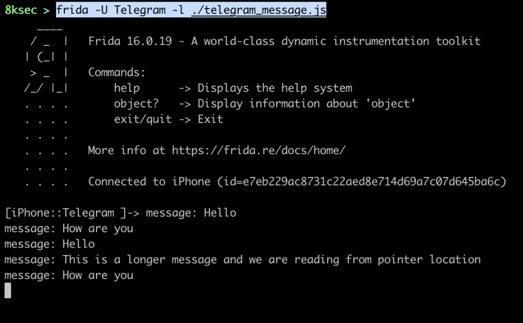 Saída do script Frida mostrando mensagens Telegram em texto plano extraídas dos registradores Swift string