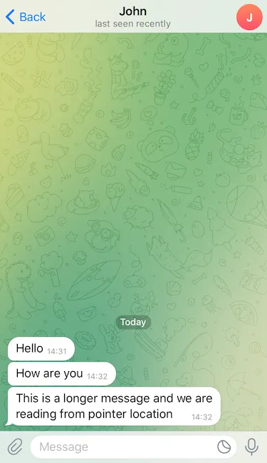 Aplicativo Telegram iOS mostrando as três mensagens de teste (Olá, Olá aí, Olá aí esta é uma mensagem mais longa)