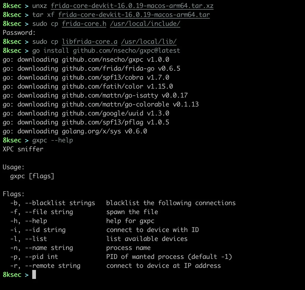 Saída do terminal mostrando instalação bem-sucedida do gxpc no macOS