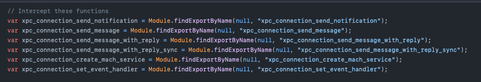 Arquivo source.js do gxpc mostrando as funções xpc_* alvo para interceptação