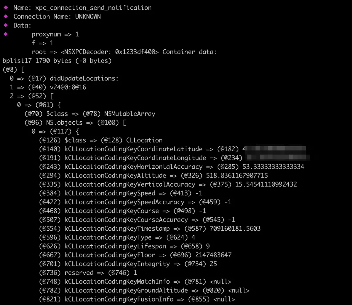 mensagem XPC interceptada bplist17 contendo longitude, latitude e dados de precisão
