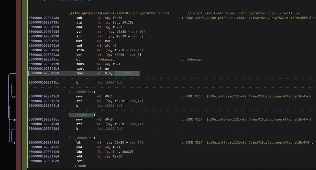 Desmontagem do Hopper na XREF mostrando instrução branch a ser substituída por NOP para contornar