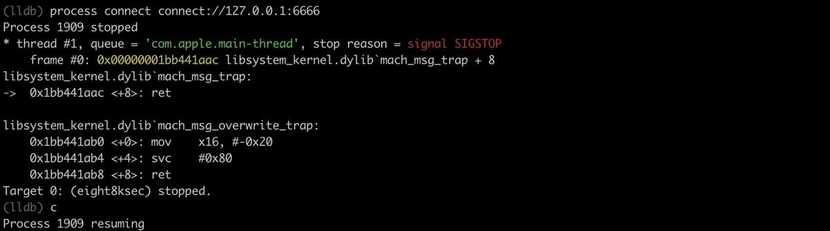 terminal lldb conectando-se ao servidor de debug remoto via comando process connect