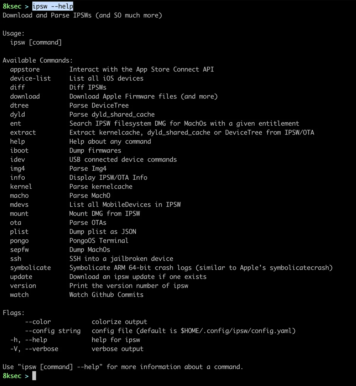 Saída do comando --help da ferramenta IPSW mostrando todos os comandos e opções disponíveis