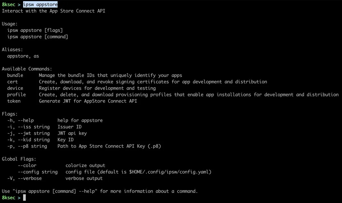 Saída do comando appstore da ferramenta IPSW mostrando subcomandos da API do App Store Connect
