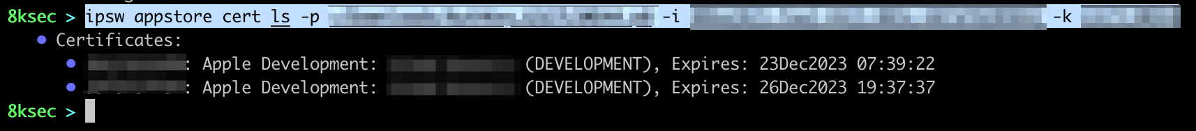 Saída do comando ipsw appstore cert ls listando os certificados de assinatura