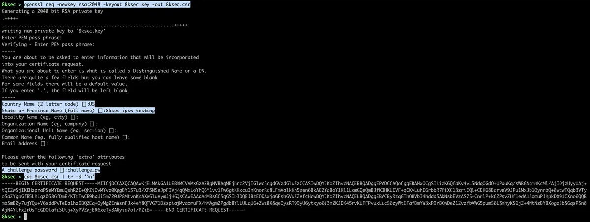 Comando OpenSSL gerando uma CSR e chave privada para um certificado de assinatura