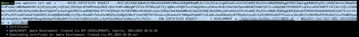 Comando IPSW appstore cert add enviando um novo certificado de assinatura