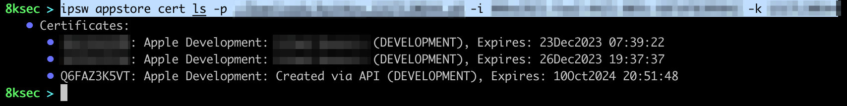 Saída do comando IPSW appstore cert ls confirmando o novo certificado de assinatura na lista