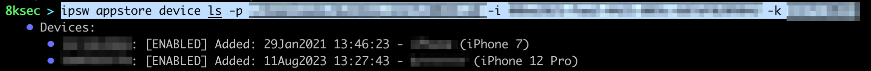 Saída do comando IPSW appstore device ls listando dispositivos registrados por UDID, nome e plataforma