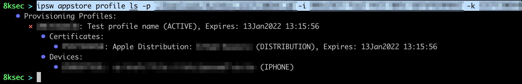 Saída do comando IPSW appstore profile ls listando perfis de provisionamento com seus IDs e datas de expiração
