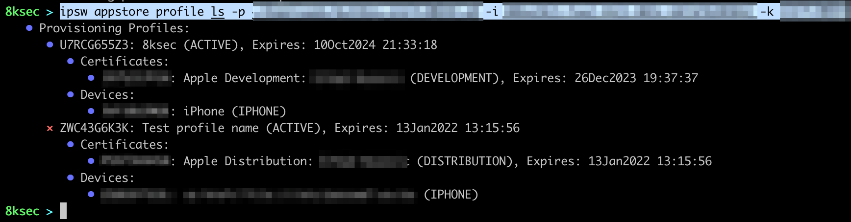 Saída do comando IPSW appstore profile ls confirmando o novo perfil de provisionamento
