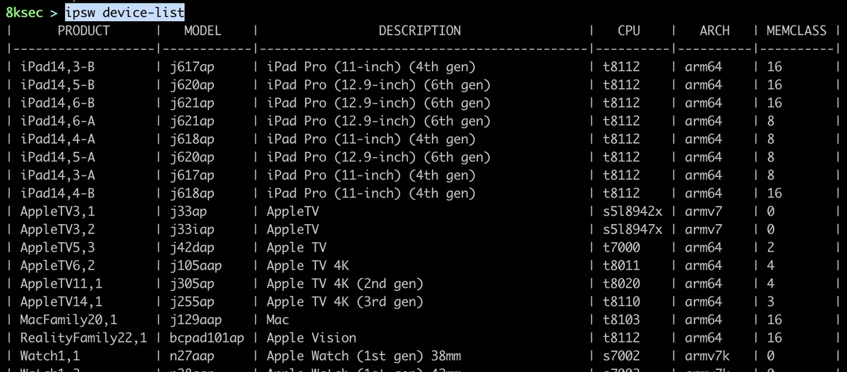Saída do comando IPSW device list mostrando dispositivos iOS/macOS conectados com seus identificadores