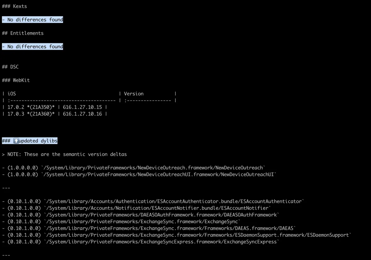 Saída do IPSW diff mostrando diferenças entre dois builds de IPSW com arquivos alterados destacados