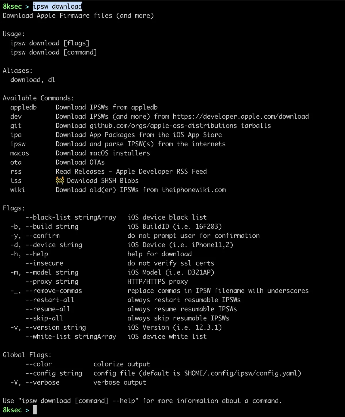 Saída do comando IPSW download mostrando subcomandos de download para arquivos IPSW, OTA e outros firmwares