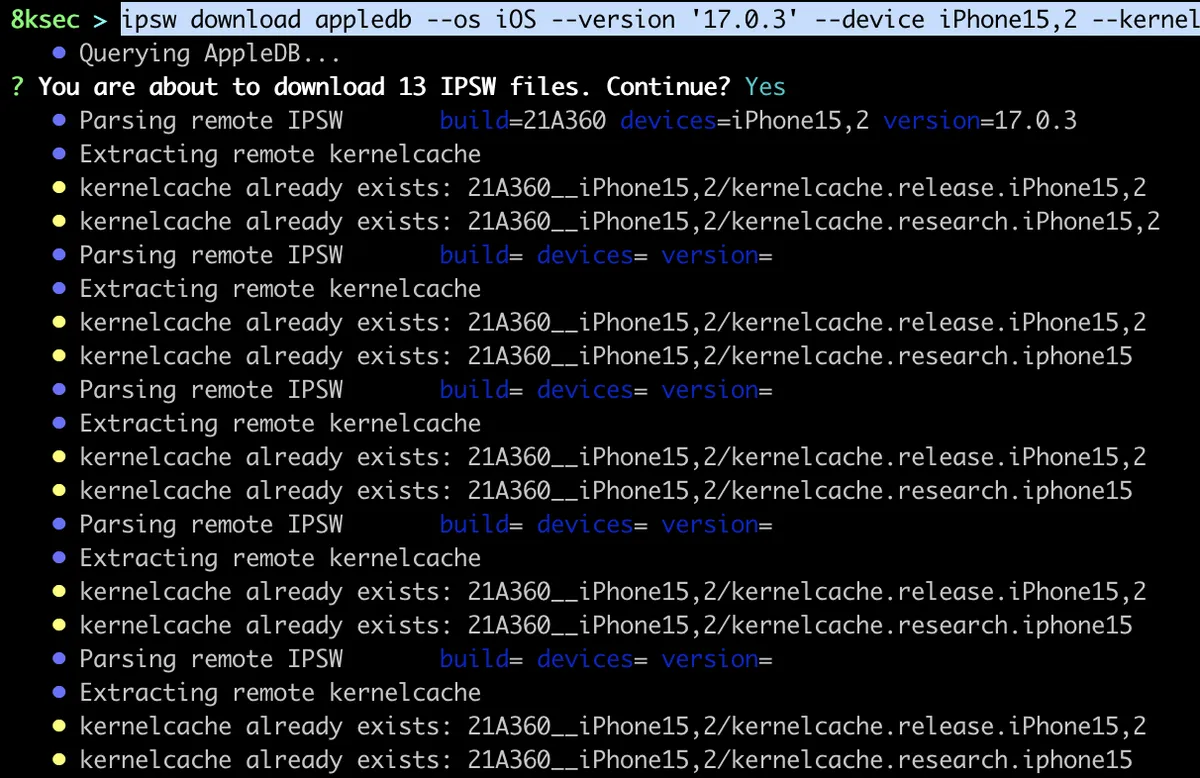 Saída do comando IPSW download appledb listando firmware disponíveis no banco de dados AppleDB
