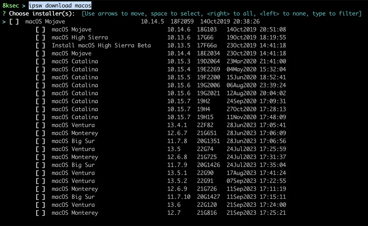Saída do comando IPSW download macos listando arquivos IPSW do macOS disponíveis para download