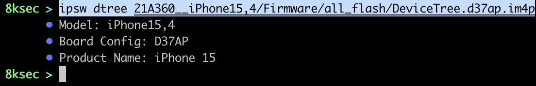Saída do comando IPSW dtree exibindo a estrutura de DeviceTree analisada com propriedades de hardware