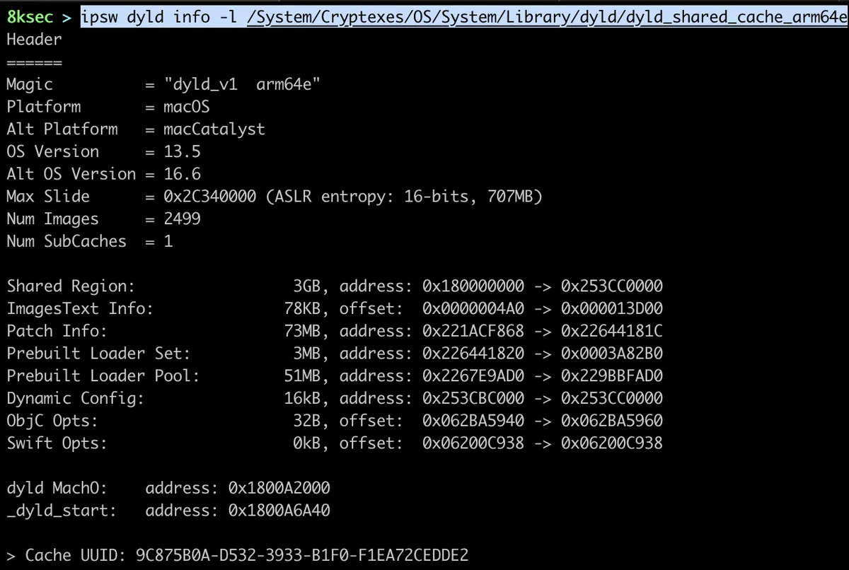 Saída do comando IPSW dyld info mostrando metadados de dyld_shared_cache, incluindo plataforma e UUID