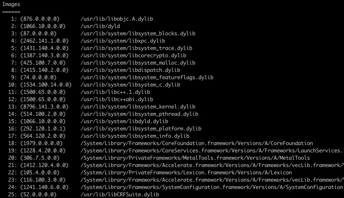Imagens de saída IPSW dyld info listando todos os arquivos dylib embutidos no dyld_shared_cache