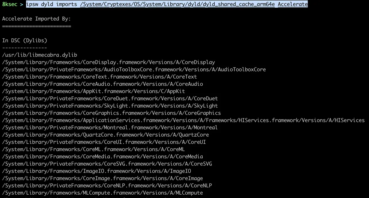 Saída do IPSW dyld imports listando todos os dylibs importados por um framework específico no cache compartilhado