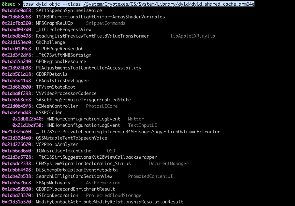 Saída do comando IPSW dyld objc listando classes e protocolos Objective-C de um arquivo image em dyld_shared_cache
