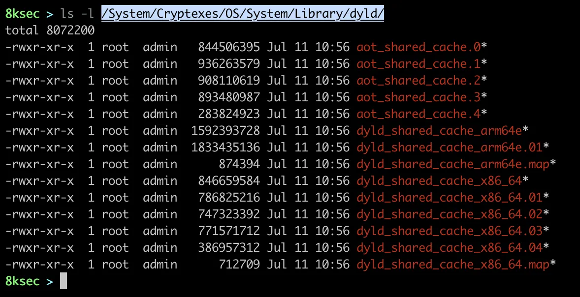 Saída do terminal mostrando a localização do sistema de arquivos do dyld_shared_cache no macOS Ventura