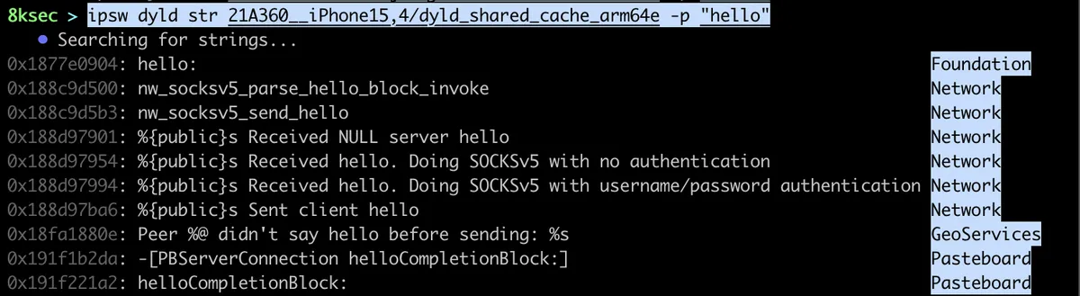 Saída do comando IPSW dyld str procurando por strings dentro de uma imagem dyld_shared_cache